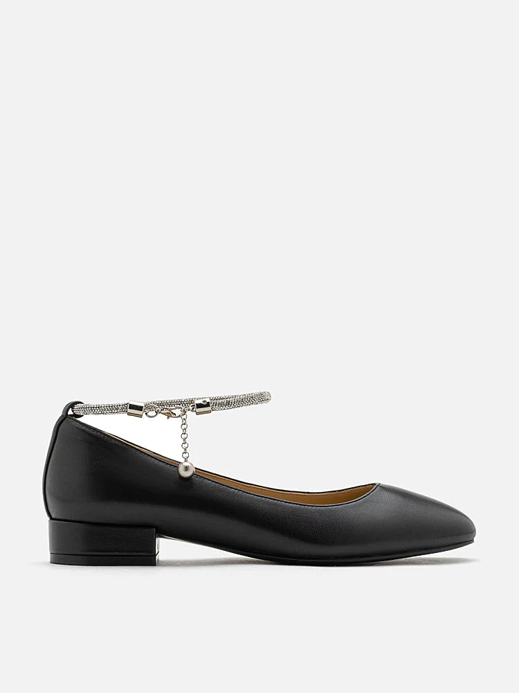 PAZZION, Sloan Crystal Embellished Ankle Strap Pump Heels, Black