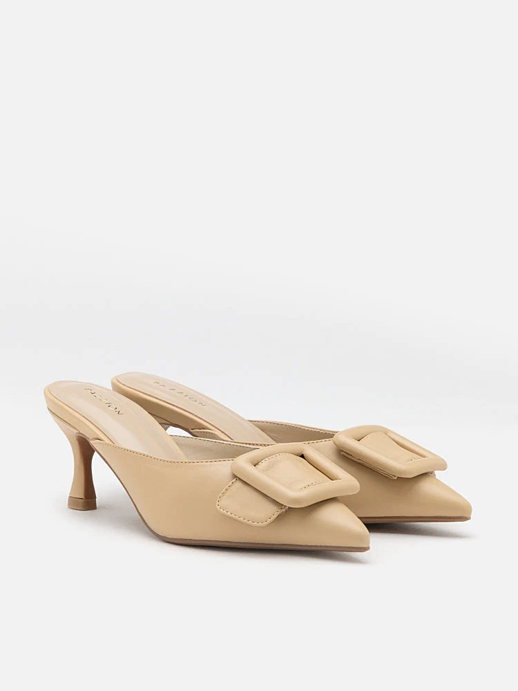 PAZZION, Solada Pointed Buckle Mule Heels, Almond