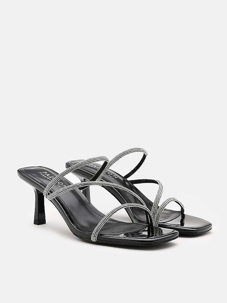 PAZZION, Stacey Strappy Silver Sparkly Open Toe Heels, Black
