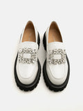 PAZZION, Stefanie Diamante Embellished Buckle Platform Loafers, Beige