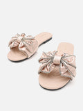 PAZZION, Suchin Crystal Embellished Bow Silk Slides, Almond