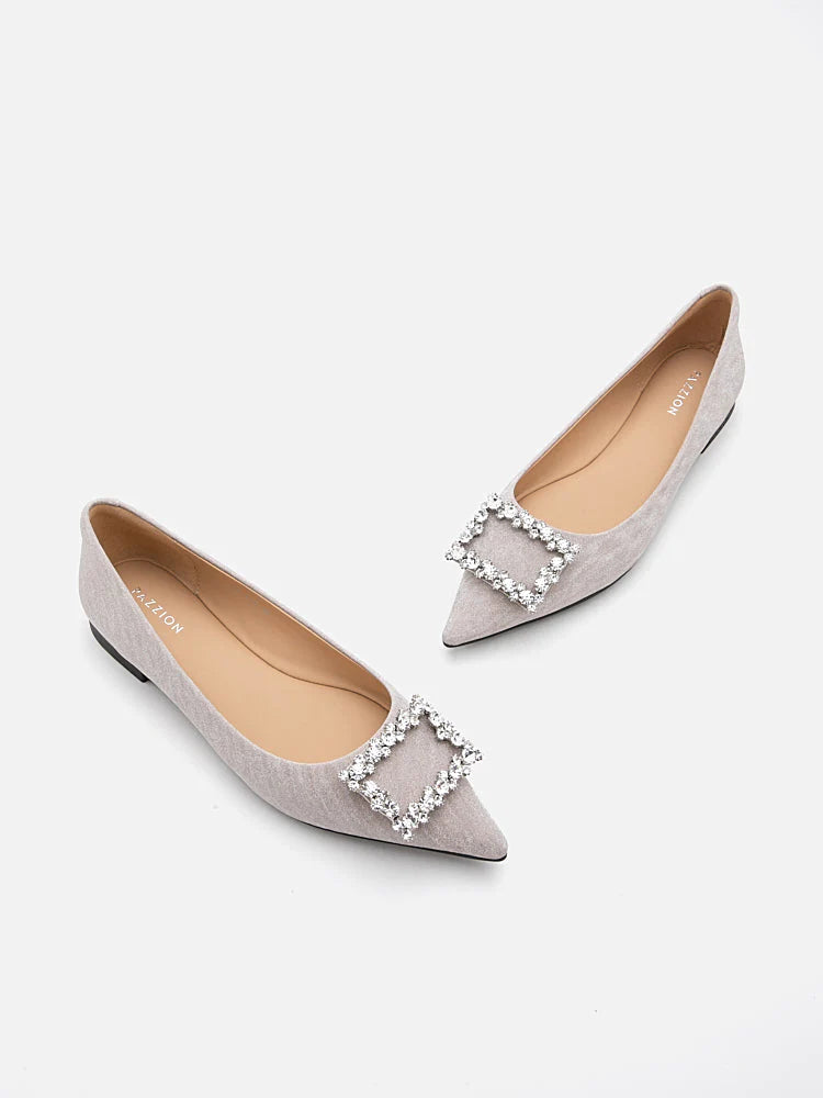 PAZZION, Tillie Crystal Embellished Buckle Glitter Flats, Champagne