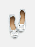 PAZZION, Wren Buckle Woven Foldable Flats, Silver