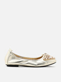 PAZZION, Zoelle Pearls and Crystal Encrusted Bow Flats, Gold