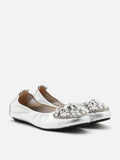 PAZZION, Zoelle Pearls and Crystal Encrusted Bow Flats, Silver