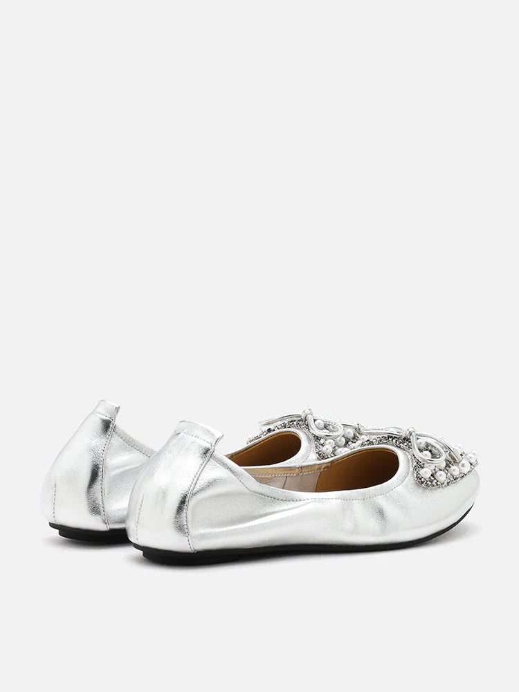 PAZZION, Zoelle Pearls and Crystal Encrusted Bow Flats, Silver